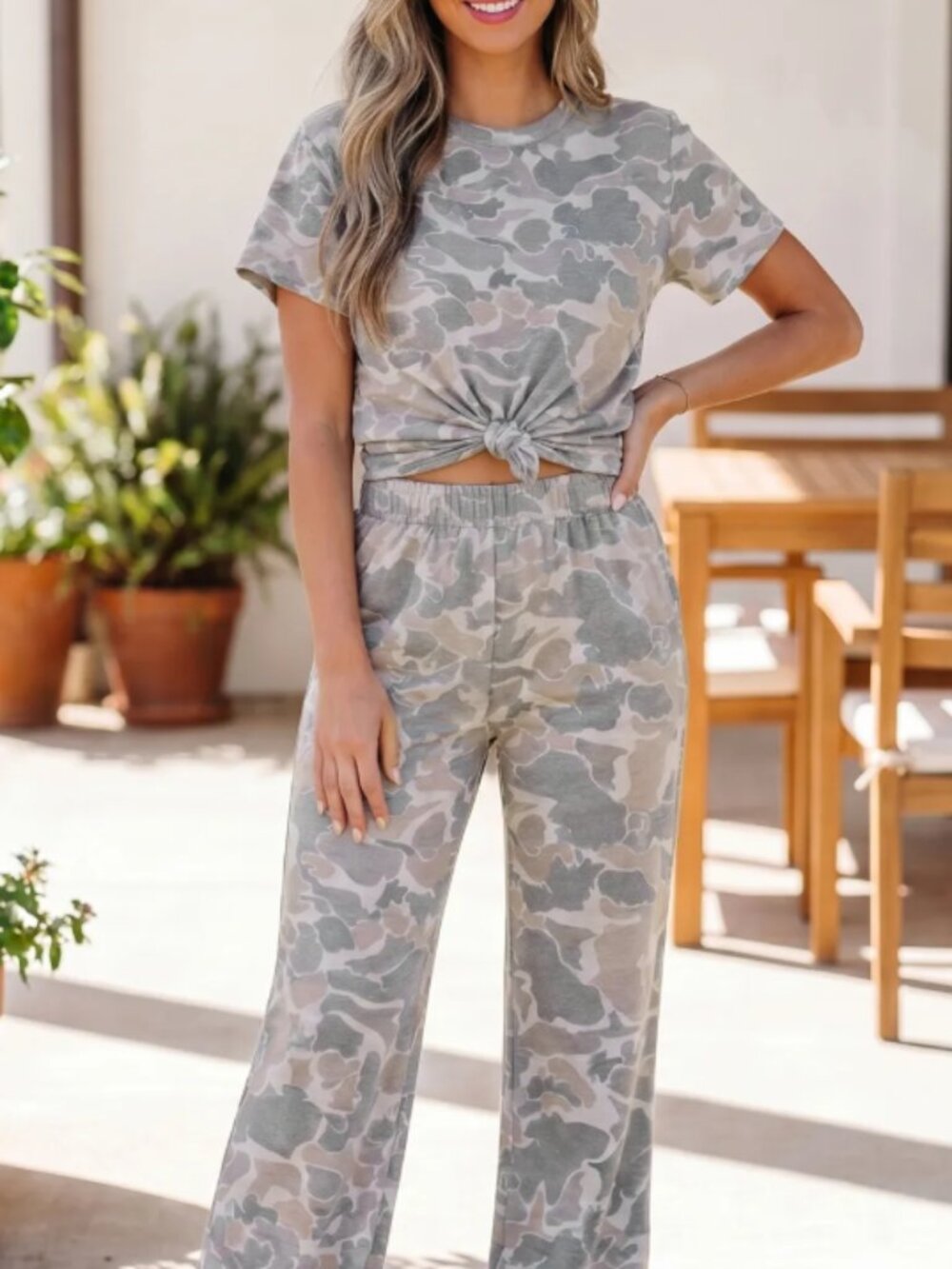 Multicolour Camouflage Short Sleeve Top and High Waist Wide Leg Pants Set